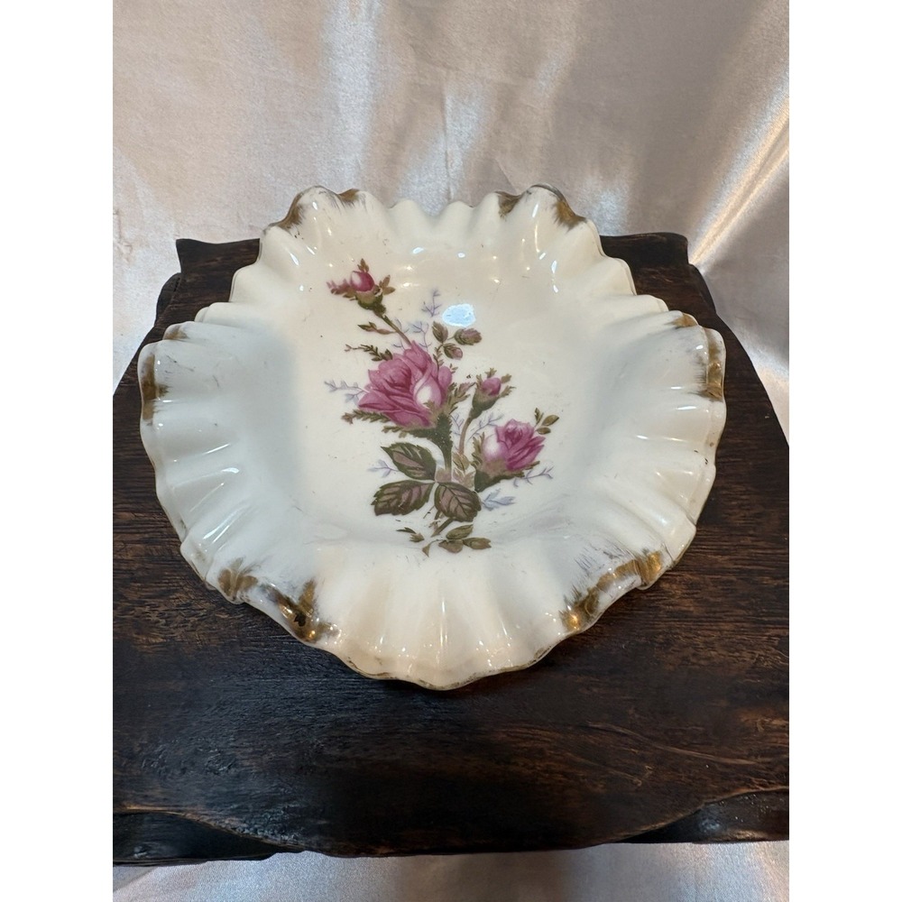 1950's Arnet Roses Floral Gold Trim Scallop Edge Candy Dish Bowl Blue X  Arrows